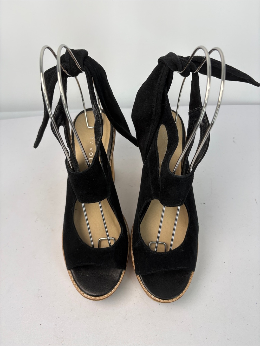 π Very Volatile Black Suede Platform Sandals with Wood Block Heel and Ankle Tie - Picture 3 of 10